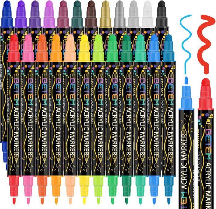 Betem 24 Colors Dual Tip Acrylic Paint Pens Markers, Premium Acrylic Paint Pens for Wood, Canvas, Stone, Rock Painting, Glass, Ceramic Surfaces, DIY Crafts Making Art Supplies