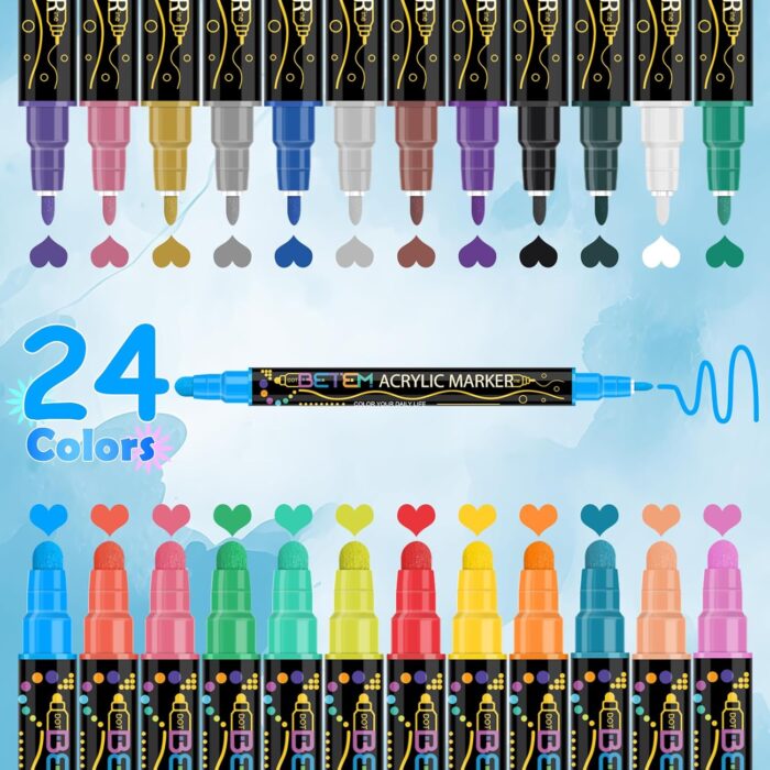 Betem 24 Colors Dual Tip Acrylic Paint Pens Markers, Premium Acrylic Paint Pens for Wood, Canvas, Stone, Rock Painting, Glass, Ceramic Surfaces, DIY Crafts Making Art Supplies - Image 2